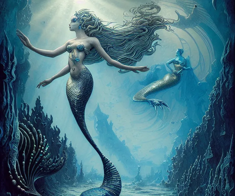 Image similar to a graceful beautiful mermaid looking at the sunken city of Atlantis deep under water, stunning undersea intricate detailed grand architecture in the style of Joe Fenton, art style by Greg Rutkowski and Mohrbacher and Gerald Brom and H. R. Giger, deep underwater scene, dark and moody, rays of sunlight, faint volumetric god rays, grim crushing atmosphere, trending on artstation, masterpiece, claustrophobic, dizzy, sharp focus, 8k octane beautifully detailed render, post-processing, extremely hyperdetailed, intricate, epic composition, grim yet sparkling atmosphere, cinematic lighting + masterpiece, trending on artstation, very detailed, Art Nouveau