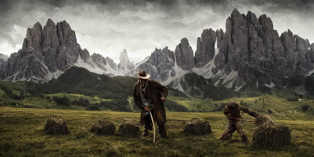 Image similar to alpine farmer transforming into a monster ,roots and hay coat, dolomites in background, dark, eerie, despair, portrait photography, artstation, digital art, concept art, artstation, highly detailed, sharp focus, by caravaggio