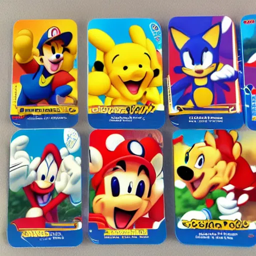 Image similar to photograph of winnie the pooh and super mario and sonic the hedgehog anime style, on pokemon card packs at target