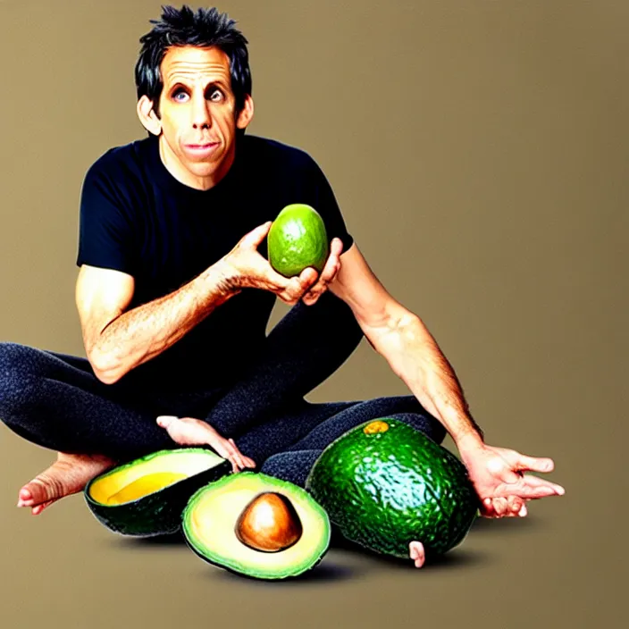 Prompt: ben stiller in the lotus position balancing stack of avocado on his head