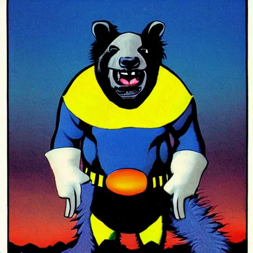 Prompt: a skunk that is blue and is also giant and a super hero by richard corben style