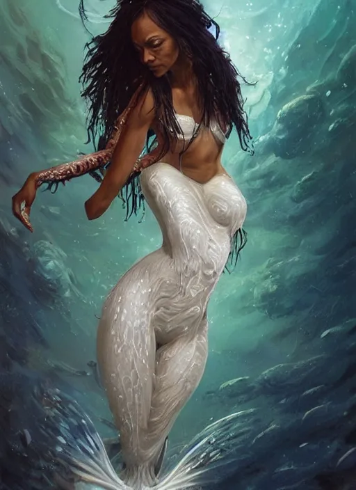 Image similar to dramatic upper body portrait of Zoe Saldana as a dark-skinned la sirene Haitian mermaid goddess by Ruan Jia and Mandy Jurgens and Artgerm and william-adolphe bouguerea, underwater, white sheer fabric, white lilies, shells, mirrors, marvel comics, intricate, highly detailed, smooth, artstation, digital illustration by julie bell and Ruan Jia and Mandy Jurgens and Artgerm and William Adolphe Bouguereau and John Collier and Greg Rutkowski and Frank Frazetta