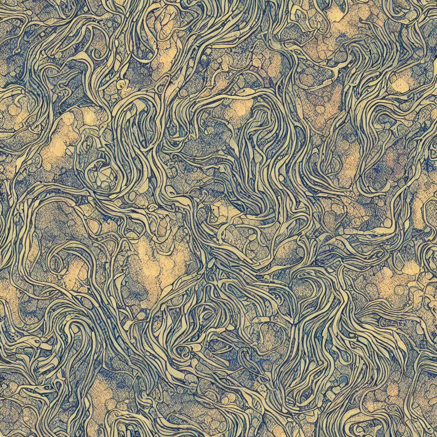 Image similar to beautiful and artistic mycelium on a fantastic planet and unusual critters of the ocean, highly detailed, seamless tiling pattern with optical illusion