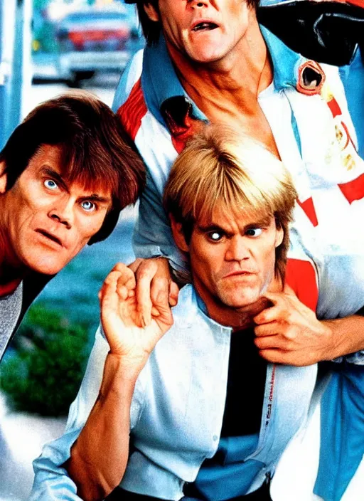 Image similar to an 8 0's john alvin action movie poster of jim carrey starring in dumb and dumber.