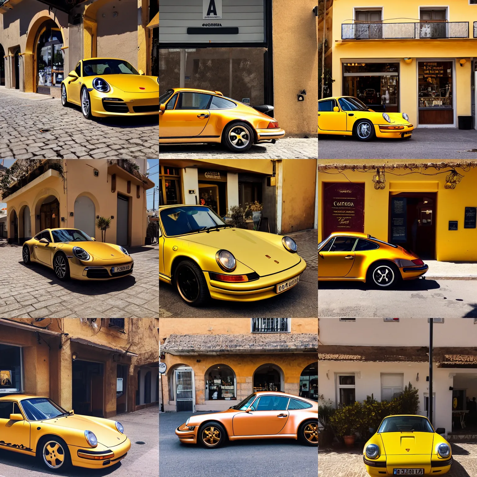 Prompt: Photo of a copper yellow Porsche 911 Carrera 3.2 parked in front of a cafe in Cyprus, daylight, dramatic lighting, award winning, highly detailed