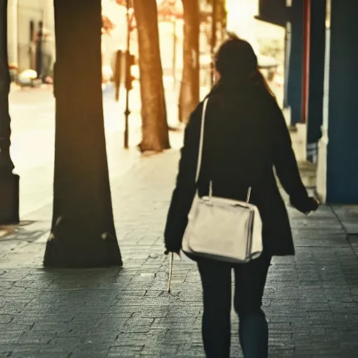 Image similar to film still of a woman drinking coffe, walking to work, long shot, wide shot, full shot