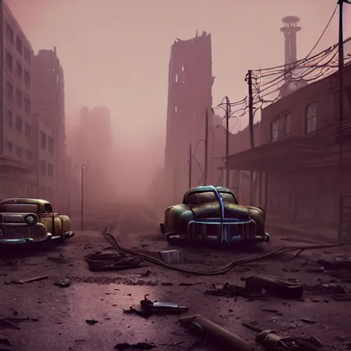 Prompt: fallout 5, ruined city environment, low density urban zone, rusted vintage cars and trucks mysterious atmospheric lighting, matte painting, intricate, iridescent, volumetric lighting, beautiful, rich deep colours masterpiece, fog golden hour, golden ratio, sharp focus, ultra detailed, by leesha hannigan, ross tran, thierry doizon, kai carpenter, ignacio fernandez rios