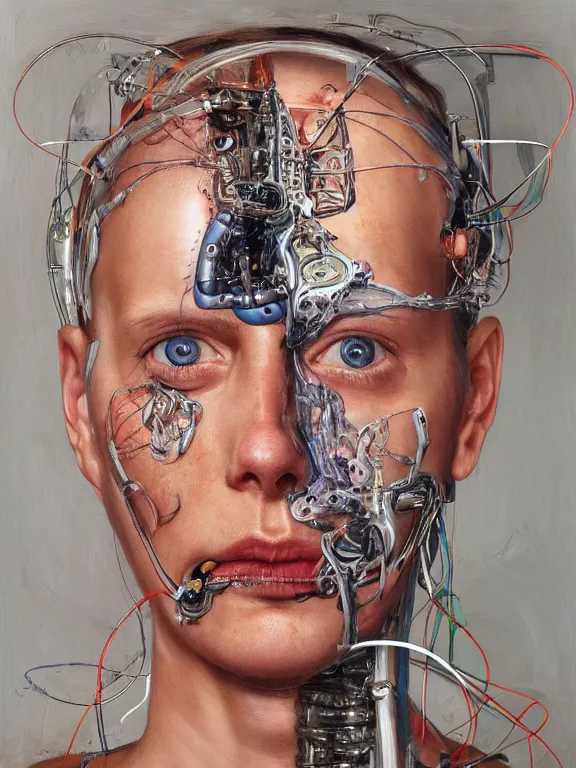 Image similar to cybernetic implants on face, metal jaw, usb port on forehead, portrait by jenny saville