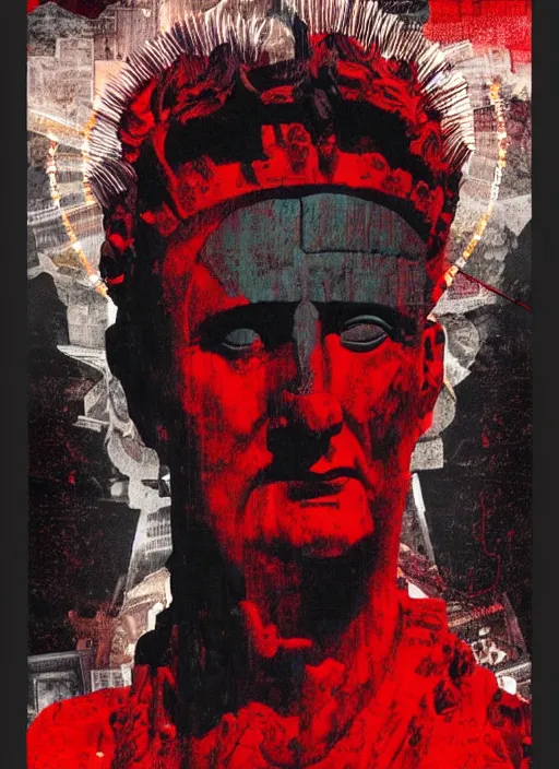 Image similar to design poster showing a statue of julius caesar, black background with very subtle red and purple design elements, powerful, nekro, guido crepax, graphic design, collage art, thin lines, dark, glitch art, neo vaporwave, gritty, layout frame, square, trending on artstation