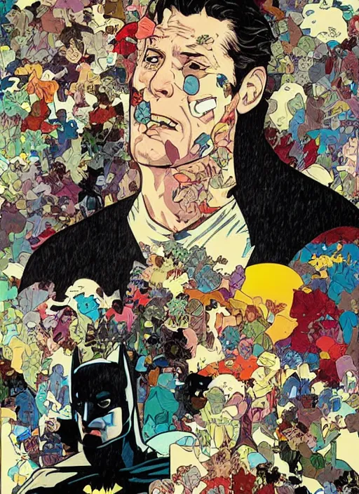 Image similar to batman, portrait illustration, pop art, splash painting, art by geof darrow, ashley wood, alphonse mucha, makoto shinkai