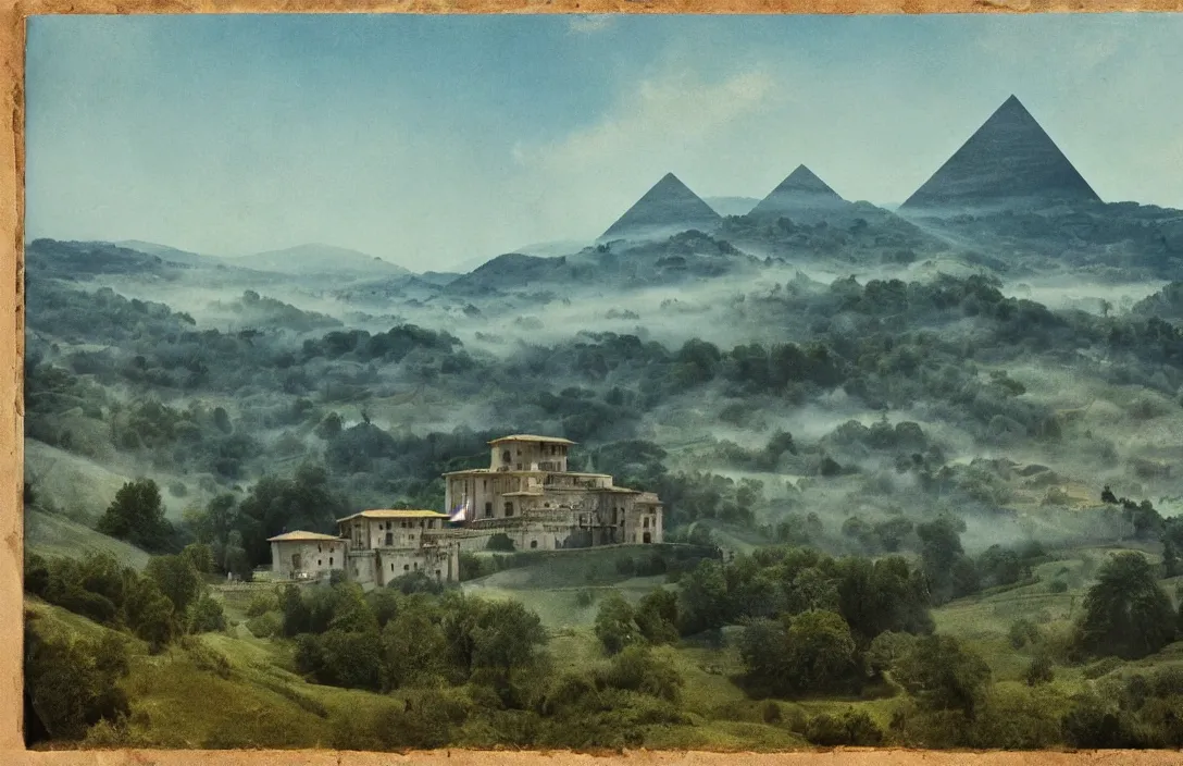 Image similar to umbrian hills dissolving into mist under a limpid blue sky building by frank lloyd wright most glorious colours ever put on canvas intact flawless ambrotype from 4 k criterion collection remastered cinematography gory horror film, ominous lighting, evil theme wow photo realistic postprocessing the pyramid of figures is drawn together royal garden design by andre le notre jan van der heyden