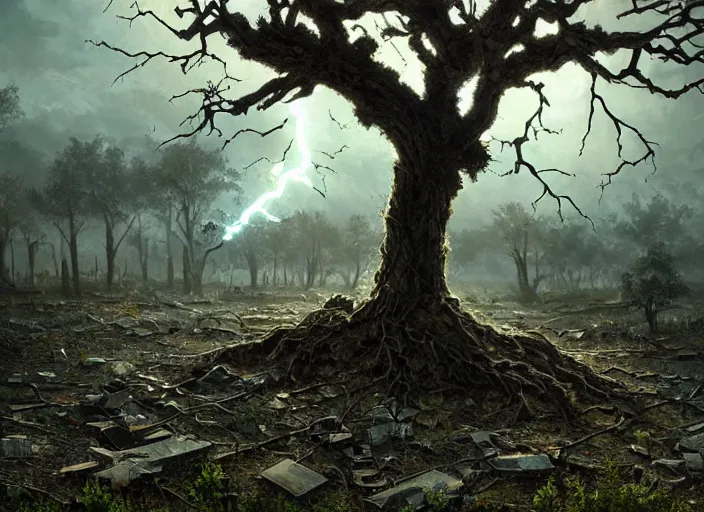 Image similar to oak tree growing in the rubble of a post - apocalypse city wasteland, gray dull background, colorful green leaves, hyperrealistic, very detailed leaves, sharp focus, highly detailed, cinematic, single ray of golden sunlight shinging on the tree, digital art, soft lightning, oil painting by greg rutkowski