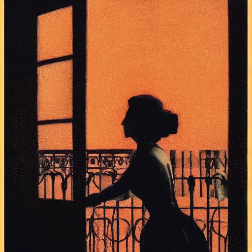 Image similar to silhouette of a woman gazing out her hotel window at the rain, extremely detailed masterpiece, oil on canvas, low-key neon lighting, verism style, artstation, by J. C. Leyendecker and Peter Paul Rubens,