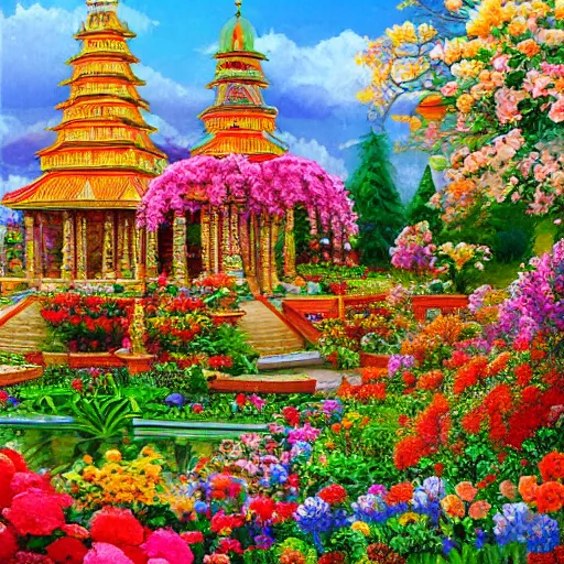 Image similar to a beautiful landscape of a temple with a garden of colorful flowers by Aleksandr Korol. Hyperdetailed