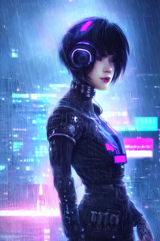 Prompt: portrait futuristic kawaii cyberpunk female police, in heavy rainning futuristic tokyo rooftop cyberpunk night, ssci-fi, fantasy, intricate, very very beautiful, elegant, neon light, highly detailed, digital painting, artstation, concept art, soft light, hdri, smooth, sharp focus, illustration, art by tian zi and craig mullins and WLOP and alphonse mucha