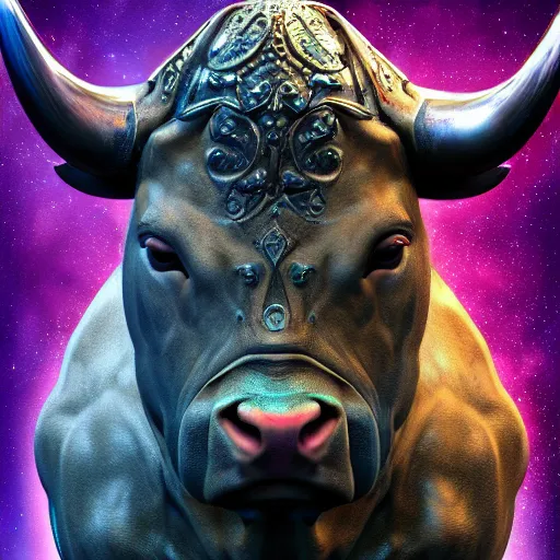 Prompt: Photorealistic bull as astrological Taurus zodiac humanoid creature. Hyperdetailed photorealism, 108 megapixels, artstation concept art, beautiful colors, in 8k resolution, sharp focus, awe inspiring