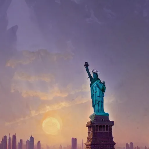 Image similar to highly detailed digital matte painting of a Statue of Liberty with baguette, Full shot. By Raphael LaCoste and Ruan Jia and Robert McCall, postcyberpunk, geodesic dome, hyperdetailed, sunrise, wide shot, autochrome, octane render
