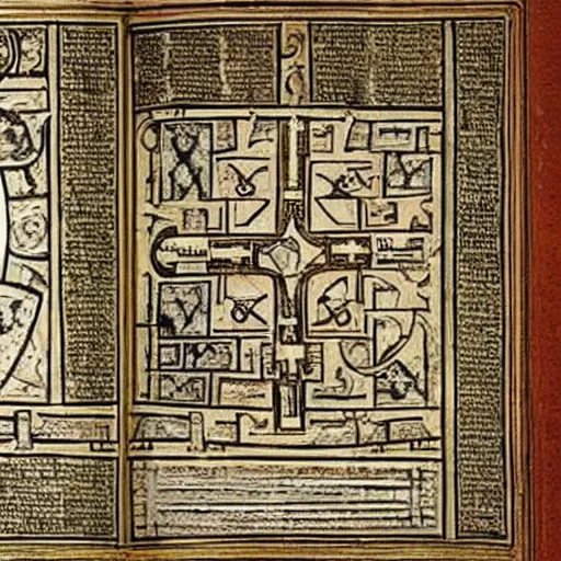 Image similar to an ancient manuscript , book of kells, detailed plans for a warp drive spaceship