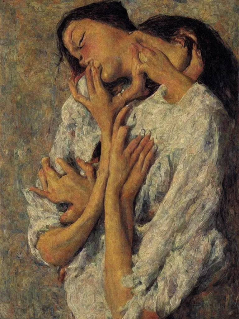 Prompt: portrait of a beautiful female android holding out her heart in her hands and crying. painting by Hans Baluschek