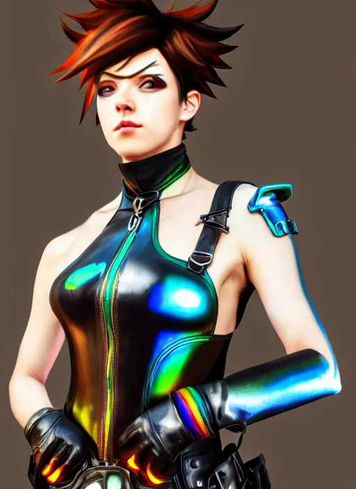 Prompt: oil painting digital artwork of tracer overwatch, confident pose, wearing black iridescent rainbow latex, 4 k, expressive happy smug expression, makeup, in style of mark arian, wearing leather collar, wearing sleek armor, black leather harness, expressive detailed face and eyes,