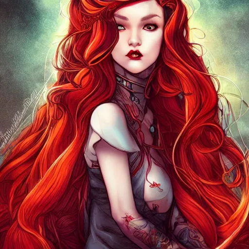 Prompt: princess of darkness, style of moebius, artgerm, james jean, piercing eyes, long glowing red hair, cinematic, highly detailed, award winning