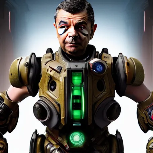 Image similar to rowan atkinson in doom eternal, highly detailed, extremely high quality, hd, 4 k, 8 k, professional photographer, 4 0 mp, lifelike, top - rated, award winning, realistic, detailed lighting, detailed shadows, sharp, no blur, edited, corrected, trending