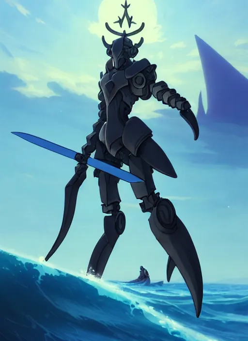 Image similar to close up of a mech armor witch holding a trident, extremely beautiful and aesthetic and cute and detailed face and body, back shark fin, big wave horizon, occlusion shadow, dynamic pose, slightly smiling, blue sky, big blade whale and black giants minotaurus, epic scene, fantasy illustrations, by makoto shinkai and peter mohrbacher and ferdinand knab