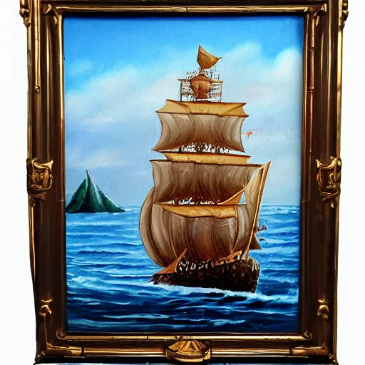 Image similar to oil painting of a pirate ship in a frame, old painted style