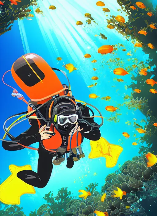 Prompt: Sloth scuba diving. In anime style. Explosions, tilt and orange, ultrawide angle, panoramic, fish eye, colorfull illustration