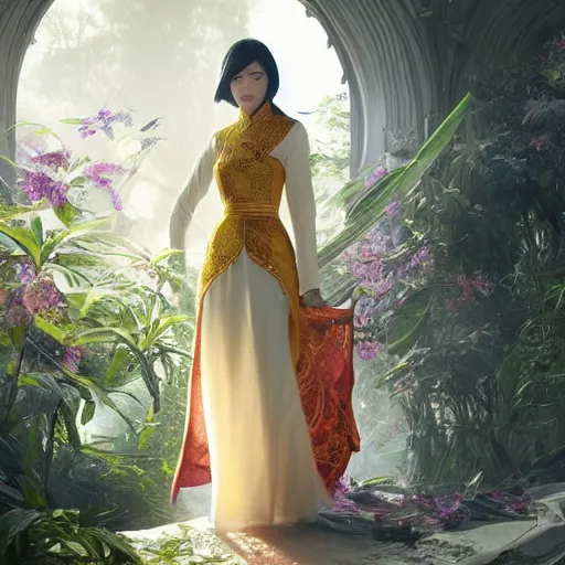 Image similar to woman wearing ao dai, ultra realistic, concept art, intricate details, highly detailed, photorealistic, octane render, 8 k, unreal engine. art by artgerm and greg rutkowski and alphonse mucha