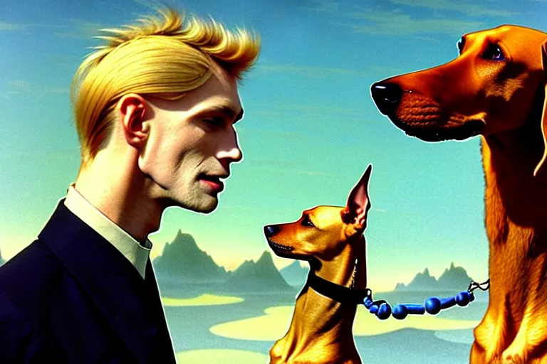 Prompt: realistic detailed closeup portrait movie shot of an elegant blond male vampire with a doberman on a leash, sci fi landscape background by denis villeneuve, amano, yves tanguy, alphonse mucha, max ernst, edward robert hughes, roger dean, rich moody colours, dog teeth, blue eyes