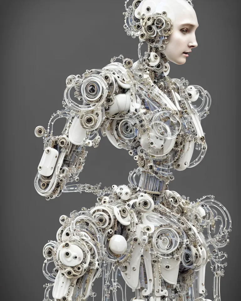 Image similar to beautiful cybernetic baroque robot, beautiful baroque porcelain face + body is clear plastic, inside organic robotic tubes and parts, symmetric, front facing, wearing translucent baroque rain - jacket + symmetrical composition + intricate details, hyperrealism, wet, reflections + by alfonse mucha and moebius, no blur dof bokeh