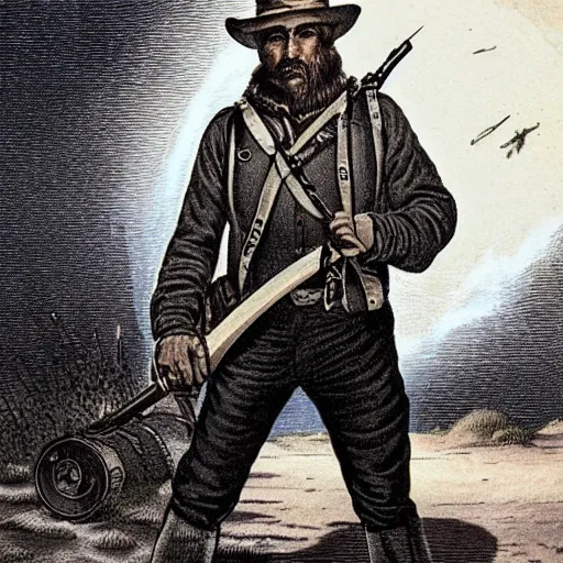 Prompt: 19th century scruffy american trapper holding a musket, on mars, pulp science fiction illustration