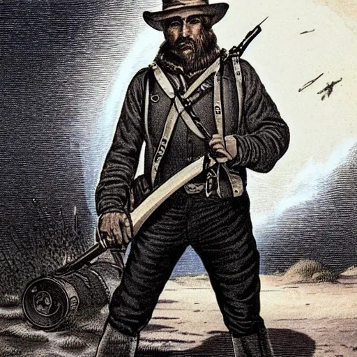 Image similar to 19th century scruffy american trapper holding a musket, on mars, pulp science fiction illustration