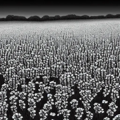 Image similar to A serene flower field at night by Kentaro Miura, highly detailed, black and white