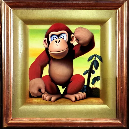 Image similar to Donkey Kong as Jesus Christ, dying on the cross for our sins, oil painting