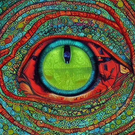 Image similar to A beautiful mixed mediart a large eye that is looking directly at the viewer. The eye is composed of a myriad of colors and patterns, and it is surrounded by smaller eyes. The smaller eyes appear to be in a state of hypnosis, and they are looking in different directions. lawn green by James C. Christensen casual, sad