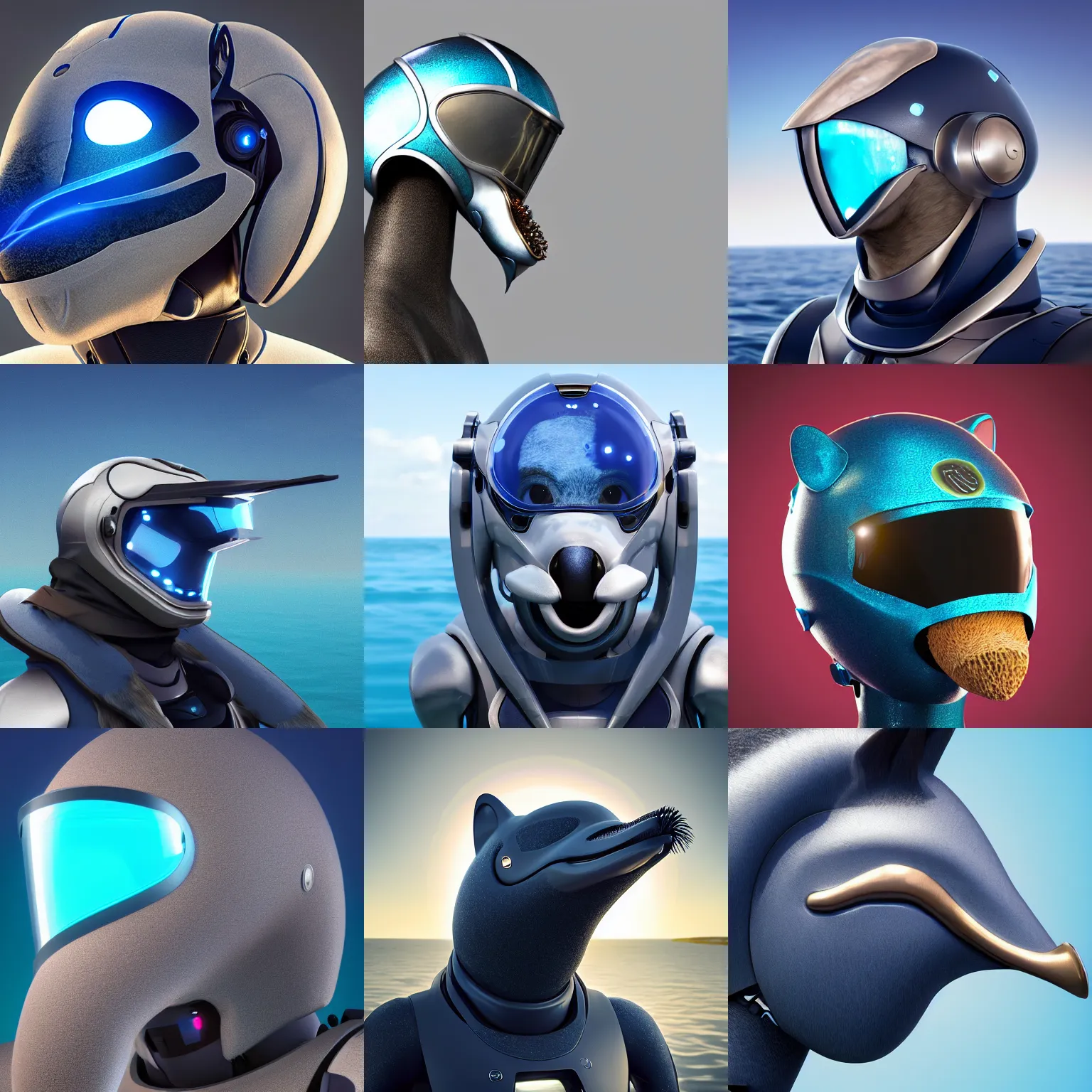 Prompt: very very beautiful furry art, bust profile picture of a robotic anthro bottlenose dolphin, face covered by opaque visor, truncated snout under visor, round shapes, all dark blue metal, commission on furaffinity, cgsociety, octane render, sea in background