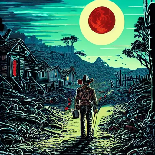 Image similar to cowboy walking into ruined town, nightime, highly detailed, artwork by dan mumford, blood red moon