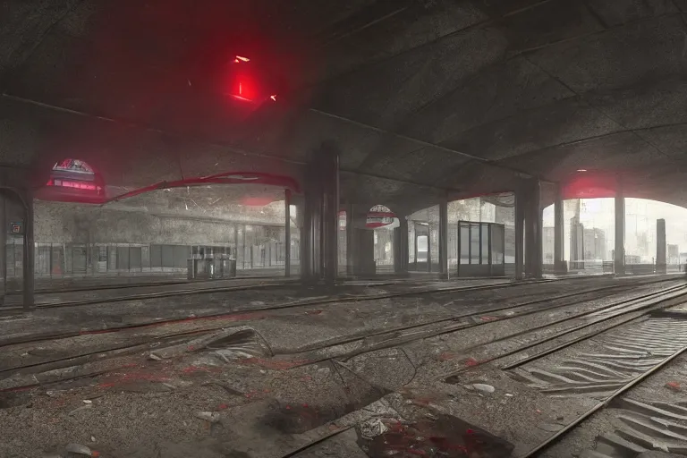 Image similar to ruined, abandoned, underground metro station, seen from inside. Diffused light red flares on the ground. Smoke. Dirt, leaves on ground. Unreal Engine. Substance painter. Zbrush. Trending on artstation. 8K. Highly detailed.