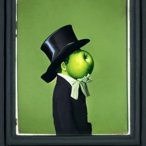 Image similar to Victorian gentlemen wearing a bowler hat looking on a green apple, in the style of rene magritte, 1900s photo