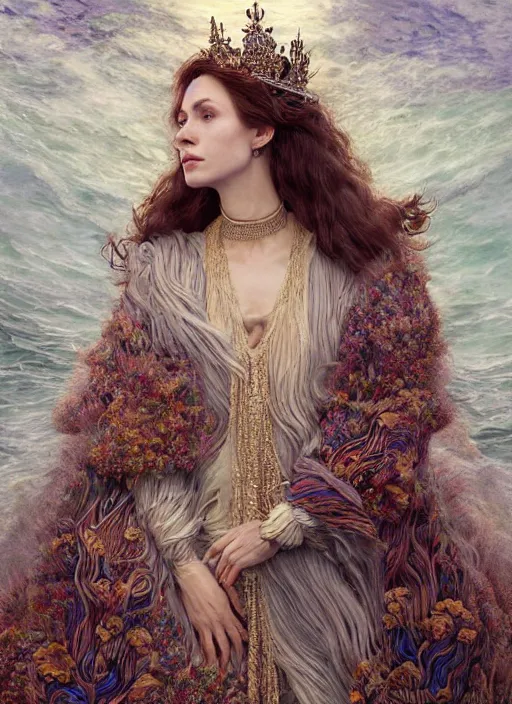 Prompt: real photoshoot queen of oceans, wearing a full feathered cloak and a fancy silk floral dress, ornate, ultra realistic, concept art, intricate details, eerie, highly detailed, photorealistic, octane render, 8 k, unreal engine. art by artgerm and greg rutkowski and charlie bowater and magali villeneuve and gustav klimt