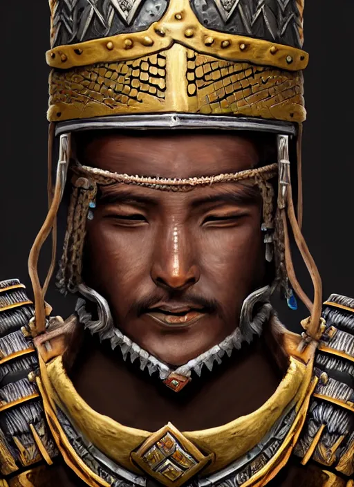 Image similar to tai warlord, closeup portrait, historical, ethnic group, traditional costume, bronze royal thai headset, leather shoulder armor, fantasy, intricate, with tai bronze artifacts, leather armor cross onbare chest, elegant, loin cloth, highly detailed, oill painting, artstation, concept art, matte, sharp focus, illustration, hearthstone, art by earl norem