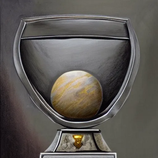 Image similar to in the center lays an ancient chromed artifact in the shape of a heavy signet ring, ornate with gentle shine from within. the ring lays on top of a marbled pedestal. the pedestal is in front of a dark misty balcony at night perspective from the side. realistic light and shadows. moody fantasy art, table still life renaissance pastel painting.
