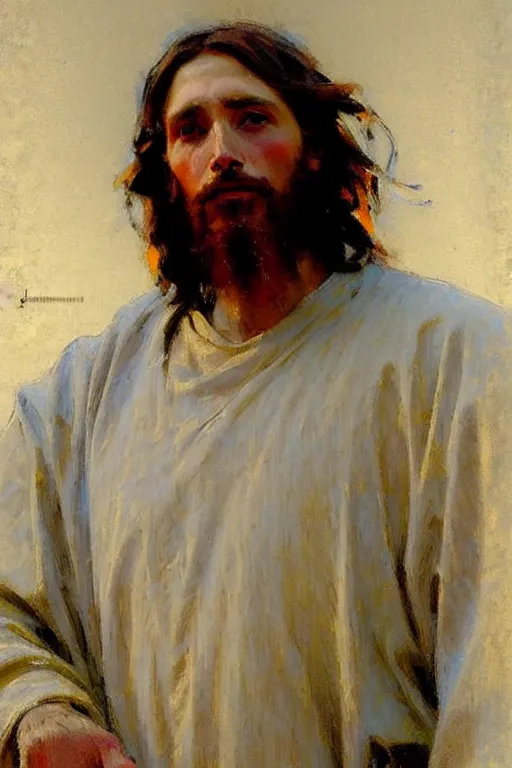 Image similar to impressionist brushstrokes!!!!!!!!! solomon joseph solomon and richard schmid and jeremy lipking victorian loose genre loose painting full length portrait painting of jesus with a slight smile happy inviting