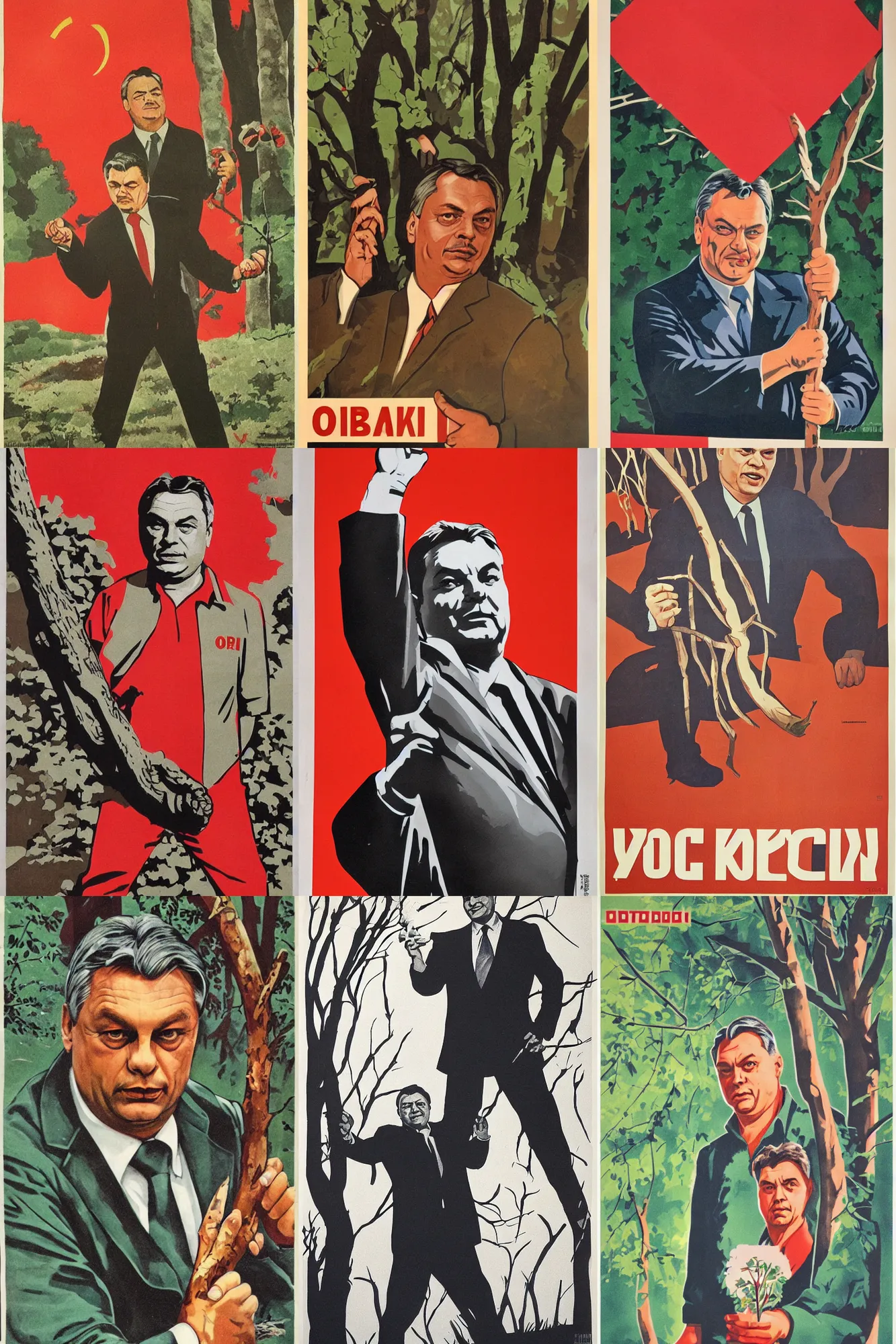 Prompt: soviet poster of viktor orban, branch in hand, woods in background