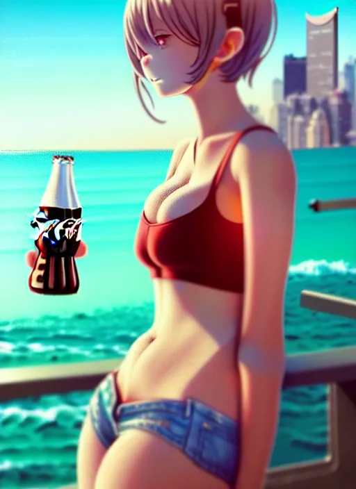 Image similar to full body picture of a extremely beautiful and attractive and cute and aesthetic girl drinking a coke, highly detailed face, very thirsty, dripping on the body, sharp focus, shiny day on the beach, specular reflection, occlusion shadow, trending on artstation, epic light novel cover art, art by ilya kuvshinov and sakimichan and jeremy lipking