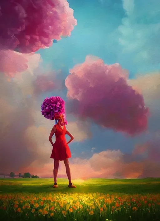 Image similar to woman with a giant carnation head, flower field, surreal photography, sunset dramatic light, impressionist painting, colorful clouds, blue sky, digital painting, artstation, simon stalenhag