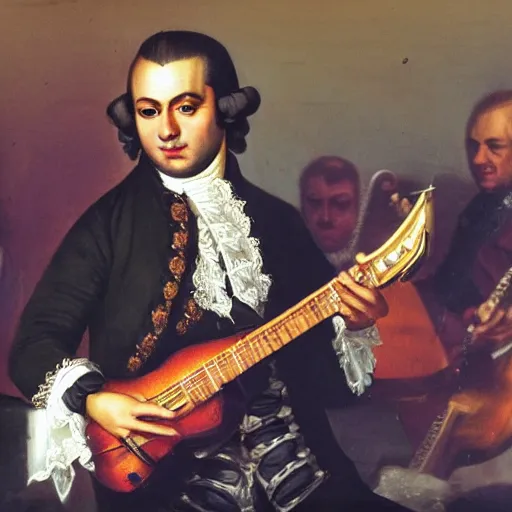 Prompt: Mozart playing a electric guitar with the band Blockmore's Night. Live Concert.