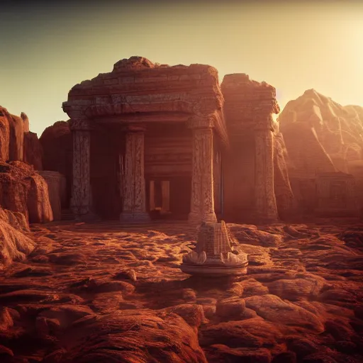 Image similar to high - res photograph of a ancient temple surreal martian in temple dramatic lighting, epic, octane render, volumetric light, unreal engine, artbreeder, 4 k, background, scene